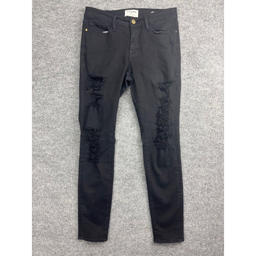 Frame Le Skinny De Jeanne Jeans Women's 28‎ Black Denim Distressed Mid Rise USA